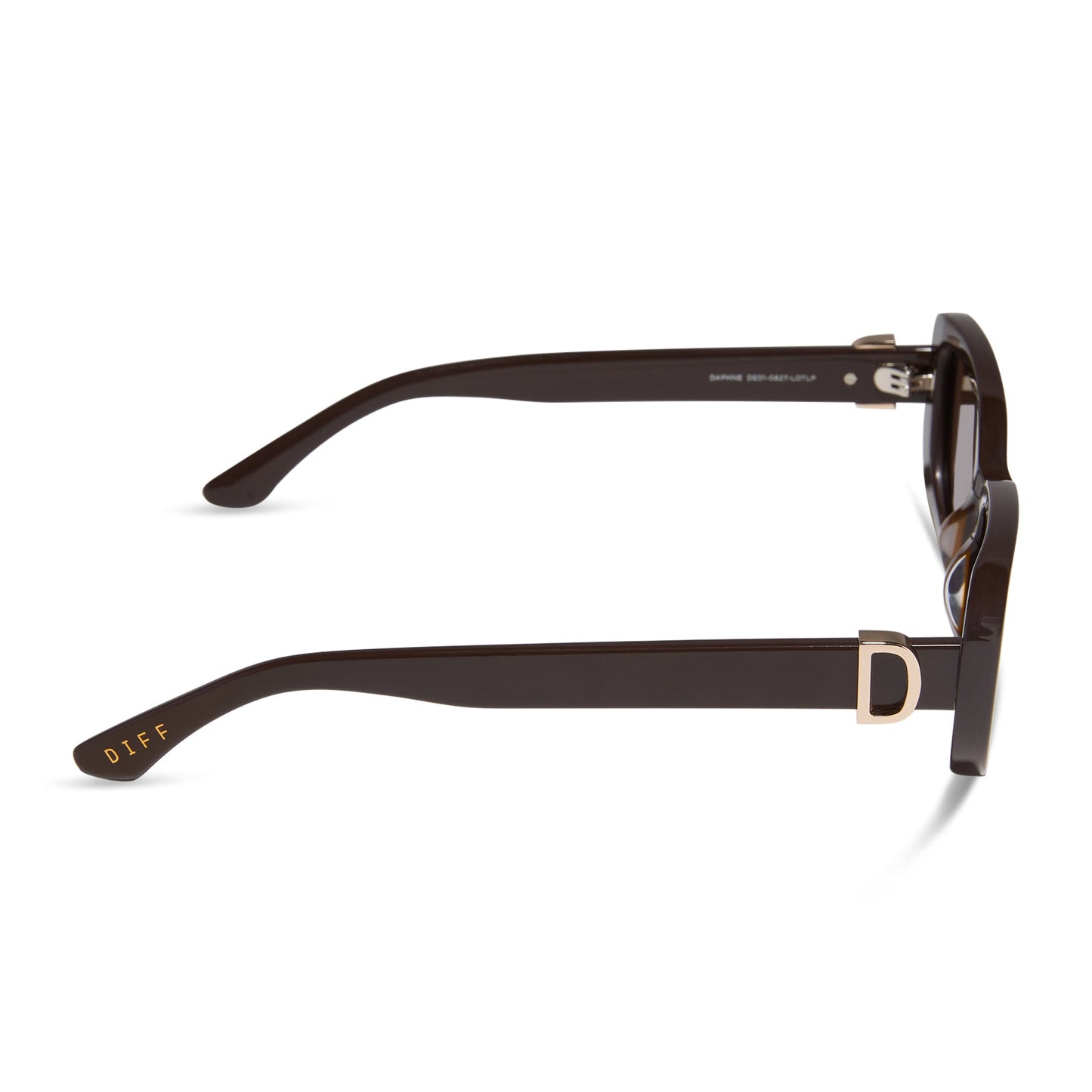 diff eyewear featuring the daphne rectangle sunglasses with a truffle frame and truffle polarized lenses side view