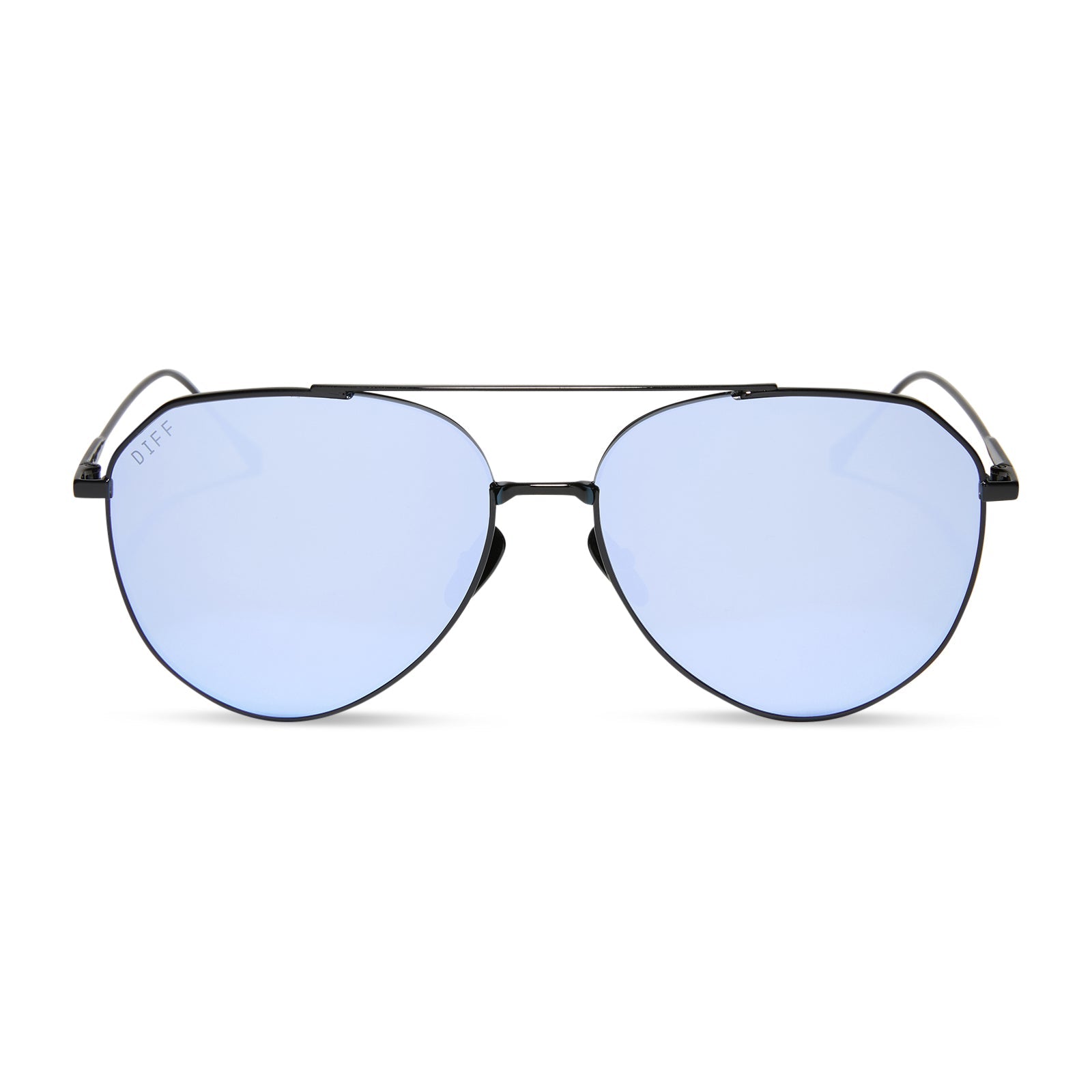 diff eyewear featuring the dash aviator sunglasses with a black frame and lavender mirror lenses front view