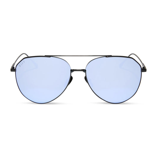 diff eyewear featuring the dash aviator sunglasses with a black frame and lavender mirror lenses front view