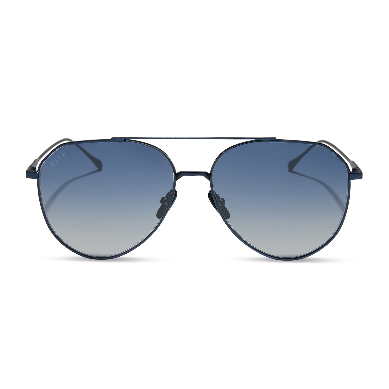 diff eyewear featuring the dash aviator sunglasses with a deep navy metal frame and aegean blue flash lenses front view