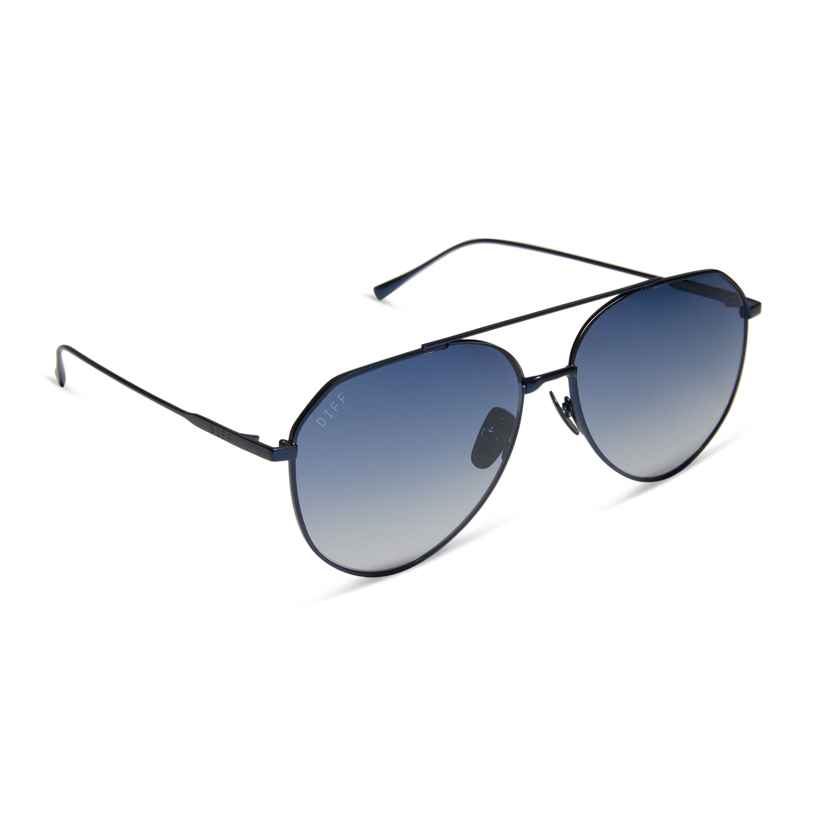 diff eyewear featuring the dash aviator sunglasses with a deep navy metal frame and aegean blue flash lenses angled view