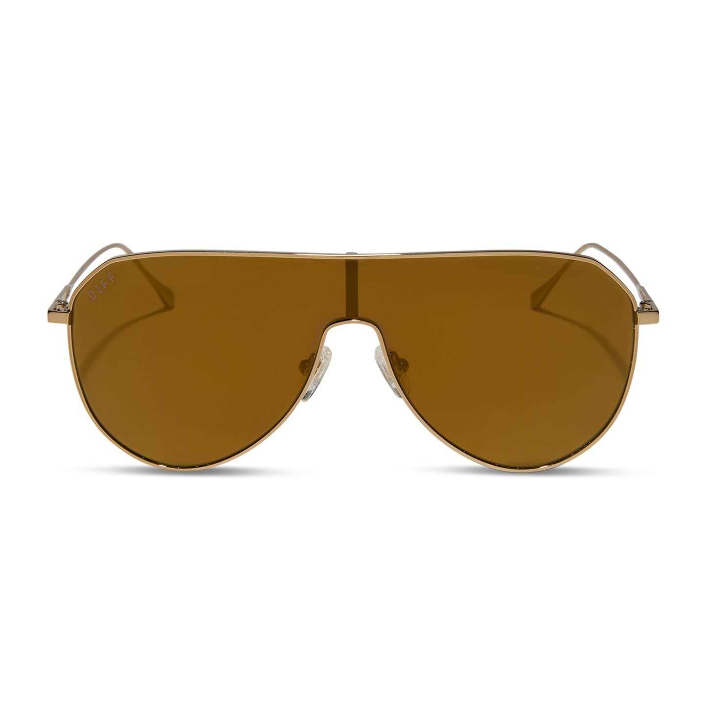 diff eyewear featuring the dash shield shield sunglasses with a copper metal frame and brown gold flash lenses front view