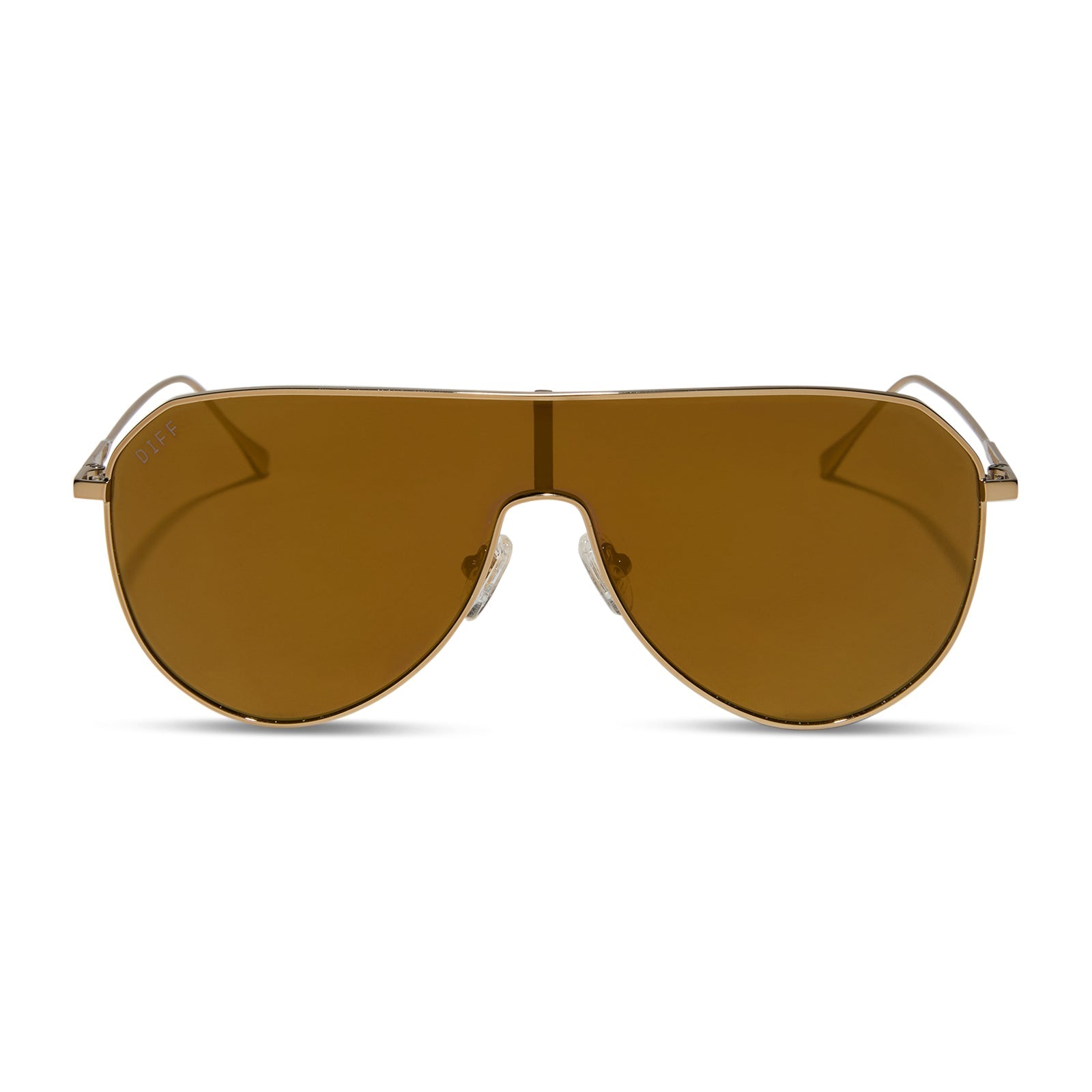 diff eyewear featuring the dash shield shield sunglasses with a copper metal frame and brown gold flash lenses front view