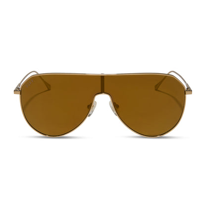 diff eyewear featuring the dash shield shield sunglasses with a copper metal frame and brown gold flash lenses front view