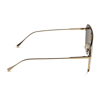 diff eyewear featuring the dash shield shield sunglasses with a copper metal frame and brown gold flash lenses side view