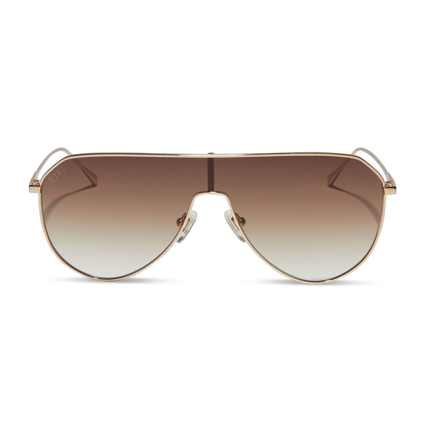 diff eyewear dash shield oversized sunglasses with a gold metal frame and brown gradient lenses front view