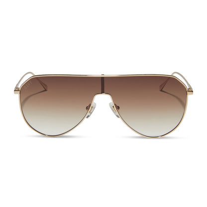 diff eyewear dash shield oversized sunglasses with a gold metal frame and brown gradient lenses front view