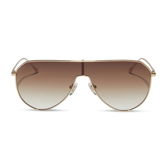 diff eyewear dash shield oversized sunglasses with a gold metal frame and brown gradient lenses front view