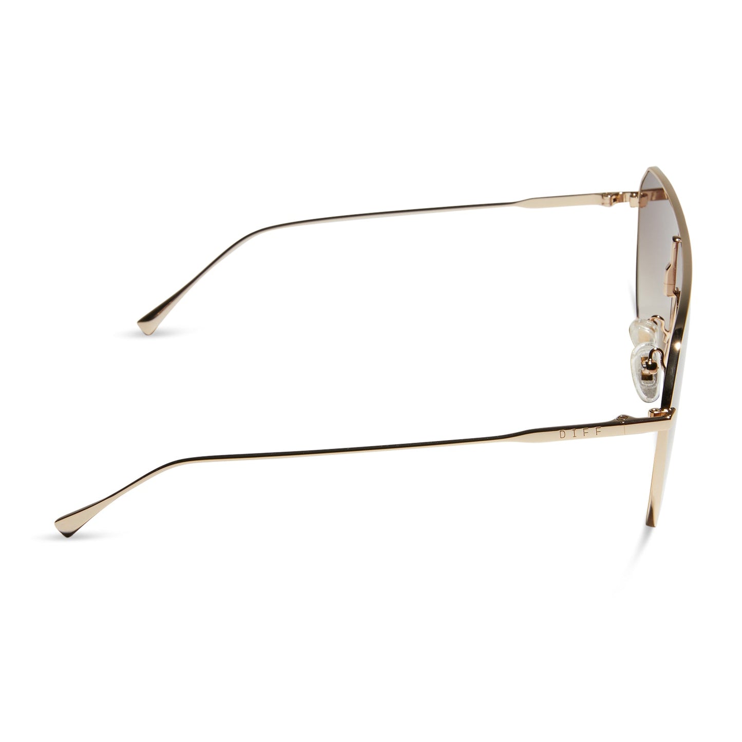 diff eyewear dash shield oversized sunglasses with a gold metal frame and brown gradient lenses side view