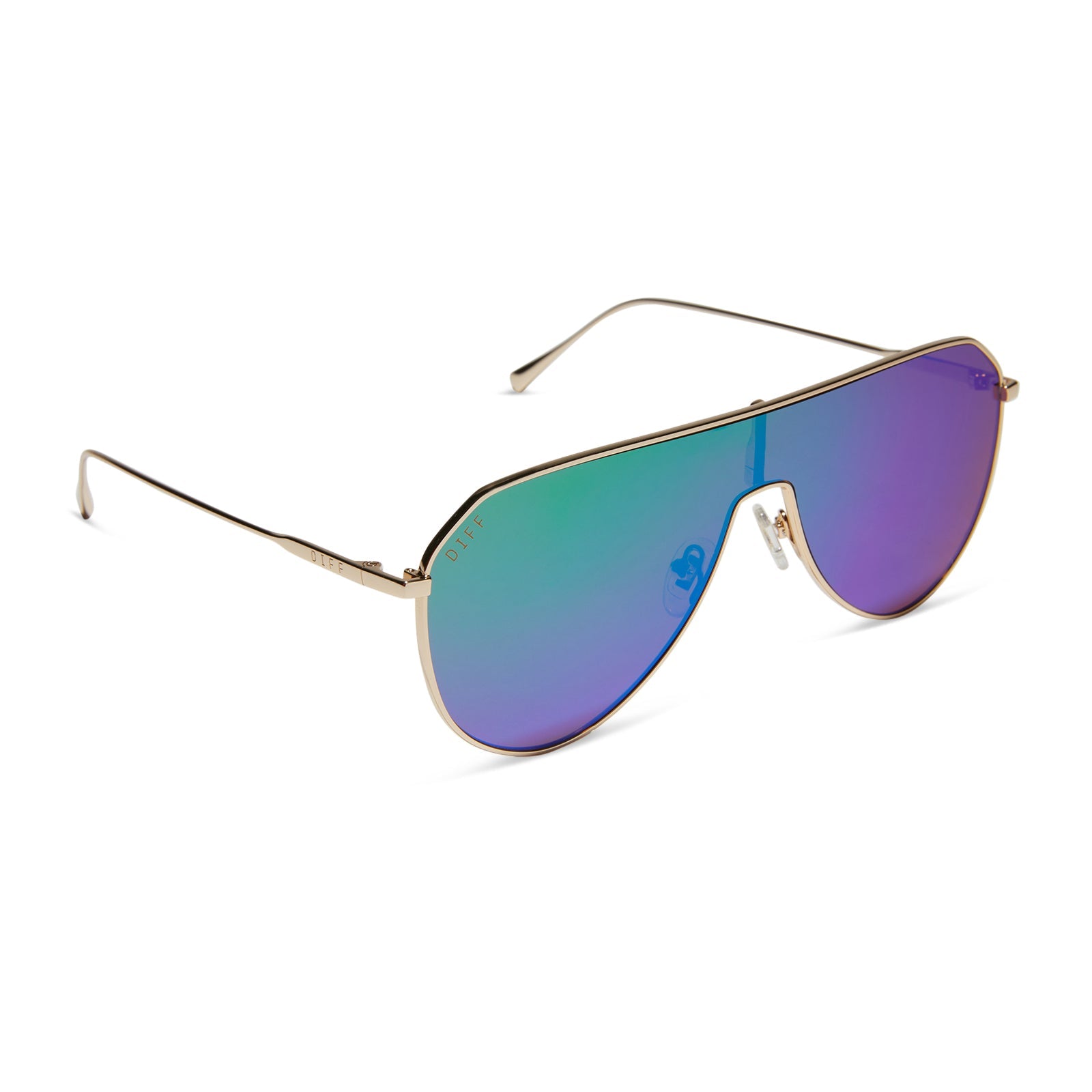 diff eyewear dash shield oversized sunglasses with a gold metal frame and green mirror lenses angled view