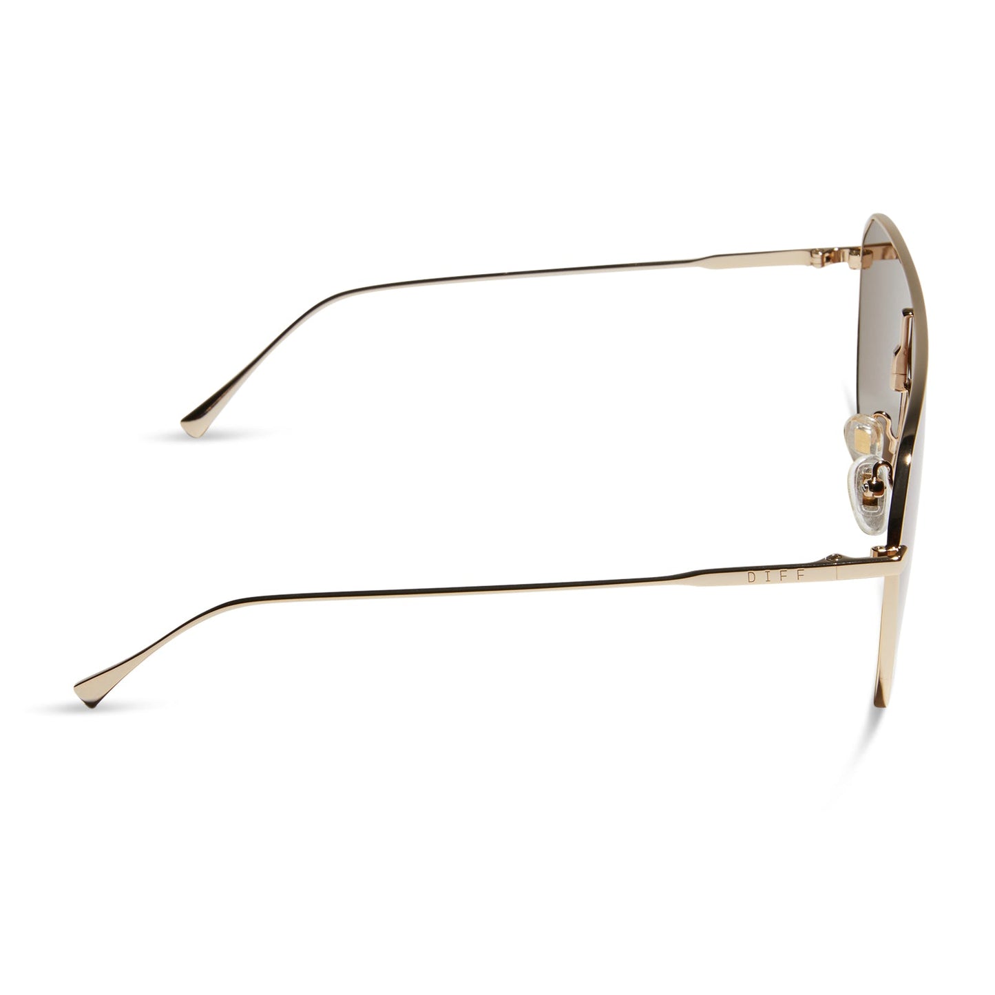 diff eyewear dash shield oversized sunglasses with a gold metal frame and green mirror lenses side view