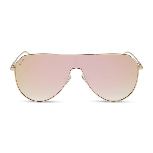 diff eyewear featuring the dash shield sunglasses with a gold frame and taupe flash lenses front view