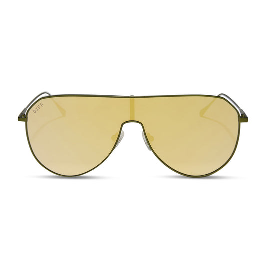 diff eyewear featuring the dash shield shield sunglasses with a moss metal frame and moss mirror lenses front view