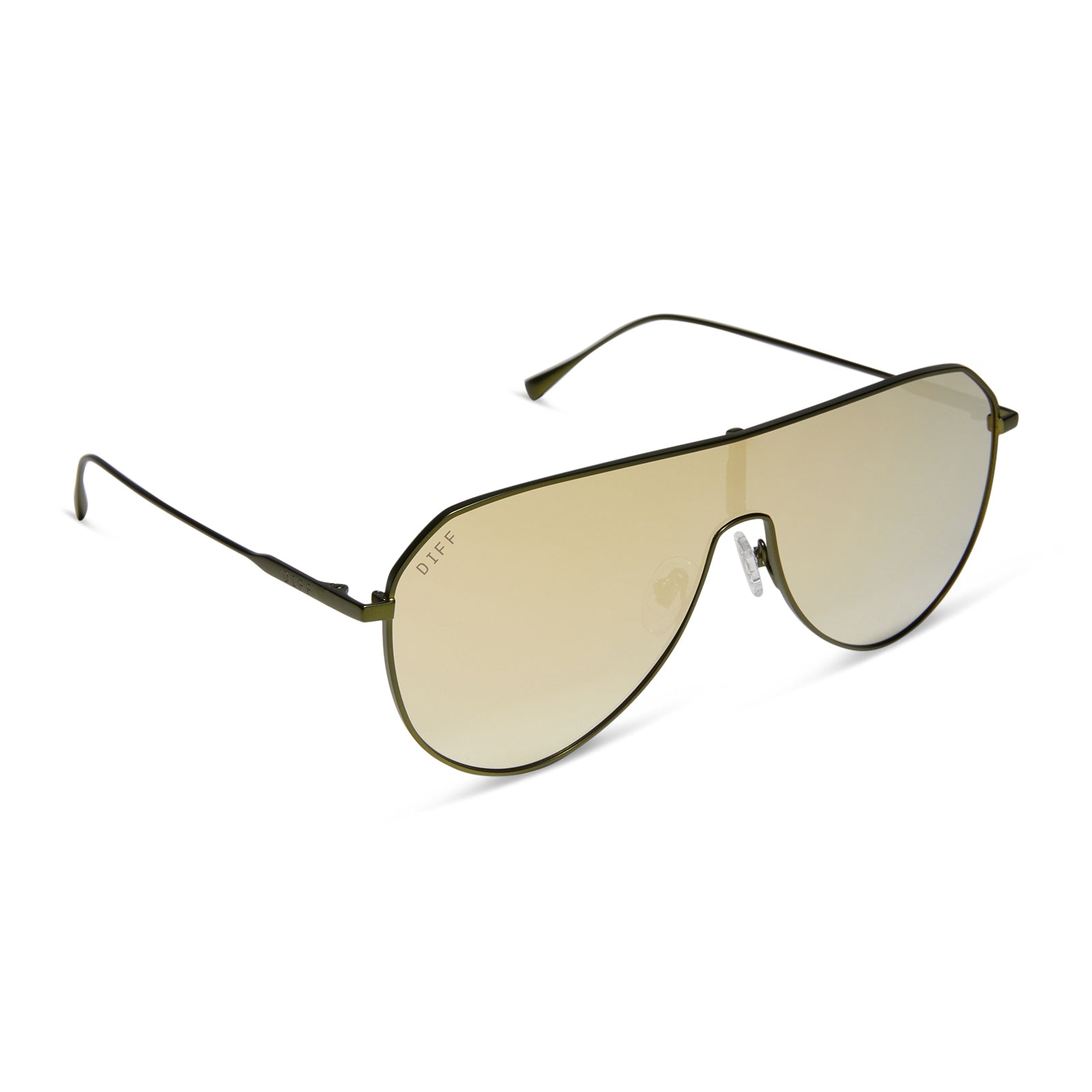 diff eyewear featuring the dash shield shield sunglasses with a moss metal frame and moss mirror lenses angled view