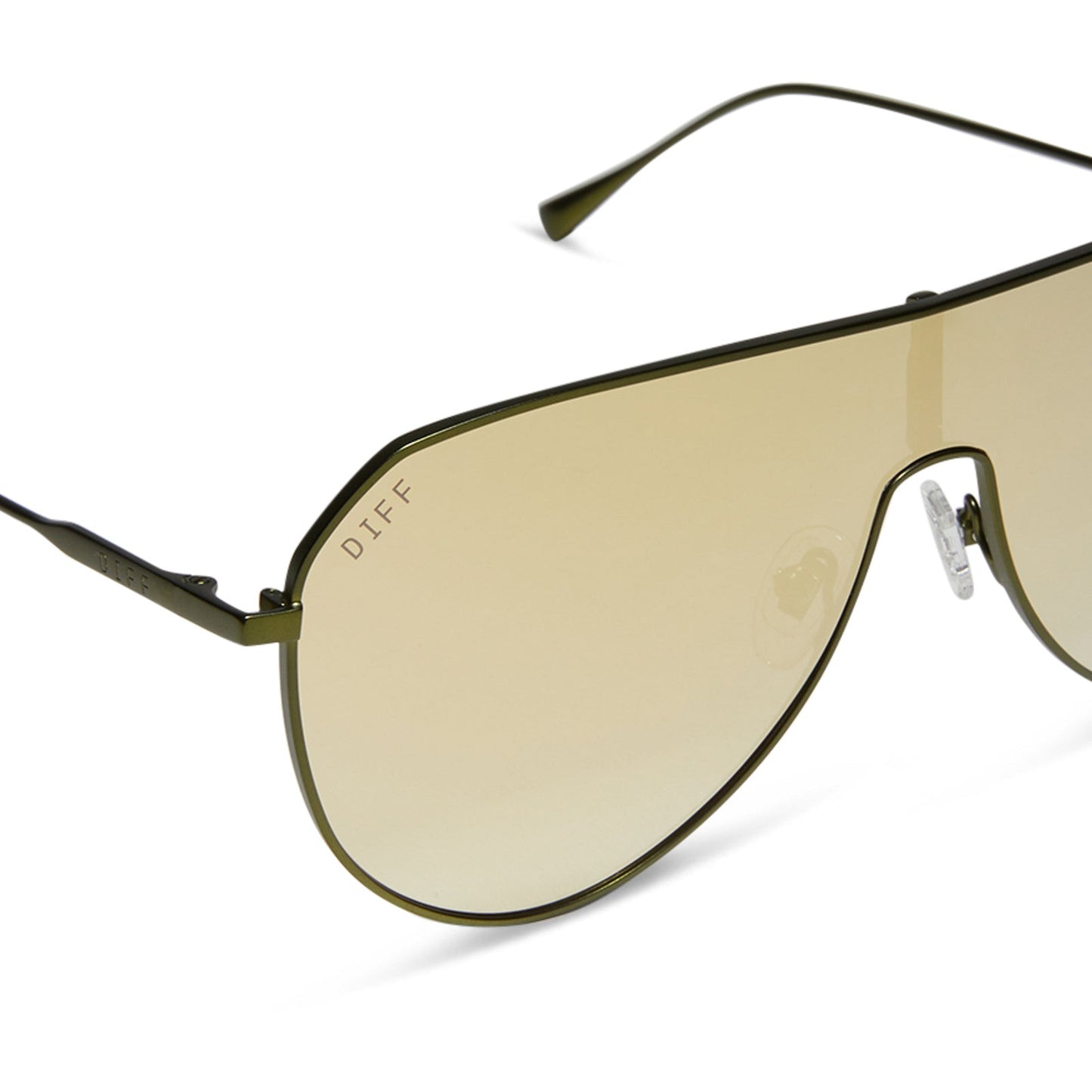 diff eyewear featuring the dash shield shield sunglasses with a moss metal frame and moss mirror lenses detailed view