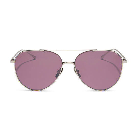 diff eyewear featuring the dash aviator sunglasses with a silver frame and aubergine with silver flash polarized lenses front view