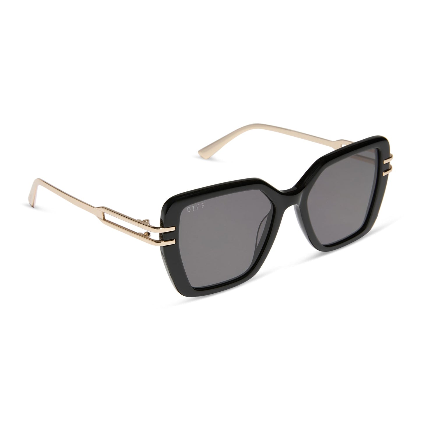 diff eyewear featuring the dasha square sunglasses with a black frame and grey lenses angled view