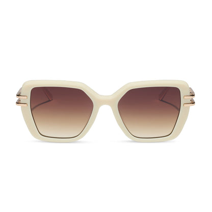 diff eyewear featuring the dasha square sunglasses with a courtside ivory frame with gold metal temples and brown gradient lenses front view