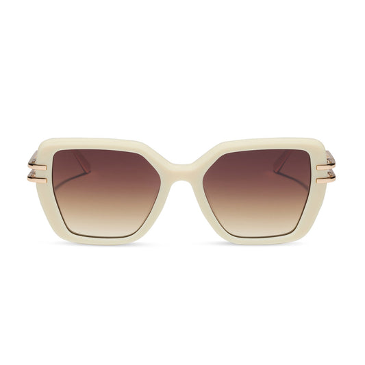 diff eyewear featuring the dasha square sunglasses with a courtside ivory frame with gold metal temples and brown gradient lenses front view