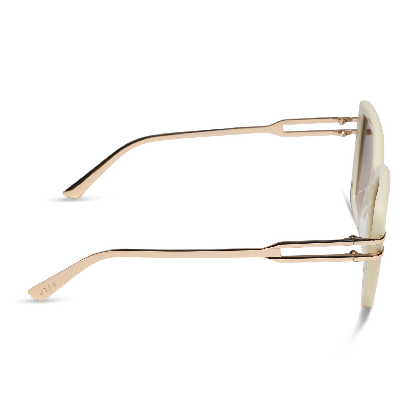 diff eyewear featuring the dasha square sunglasses with a courtside ivory frame with gold metal temples and brown gradient lenses side view