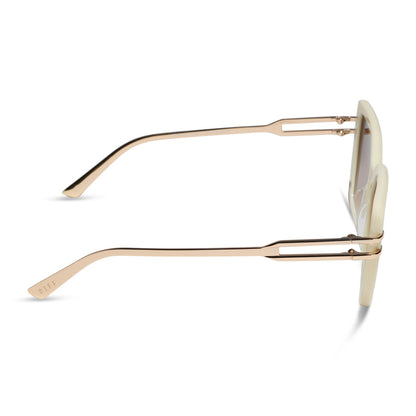 diff eyewear featuring the dasha square sunglasses with a courtside ivory frame with gold metal temples and brown gradient lenses side view