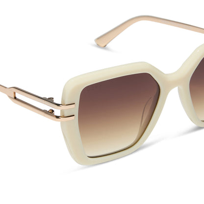 diff eyewear featuring the dasha square sunglasses with a courtside ivory frame with gold metal temples and brown gradient lenses detailed view