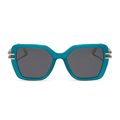 diff eyewear featuring the dasha square sunglasses with a dark teal acetate frame and grey lenses front view