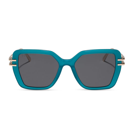 diff eyewear featuring the dasha square sunglasses with a dark teal acetate frame and grey lenses front view