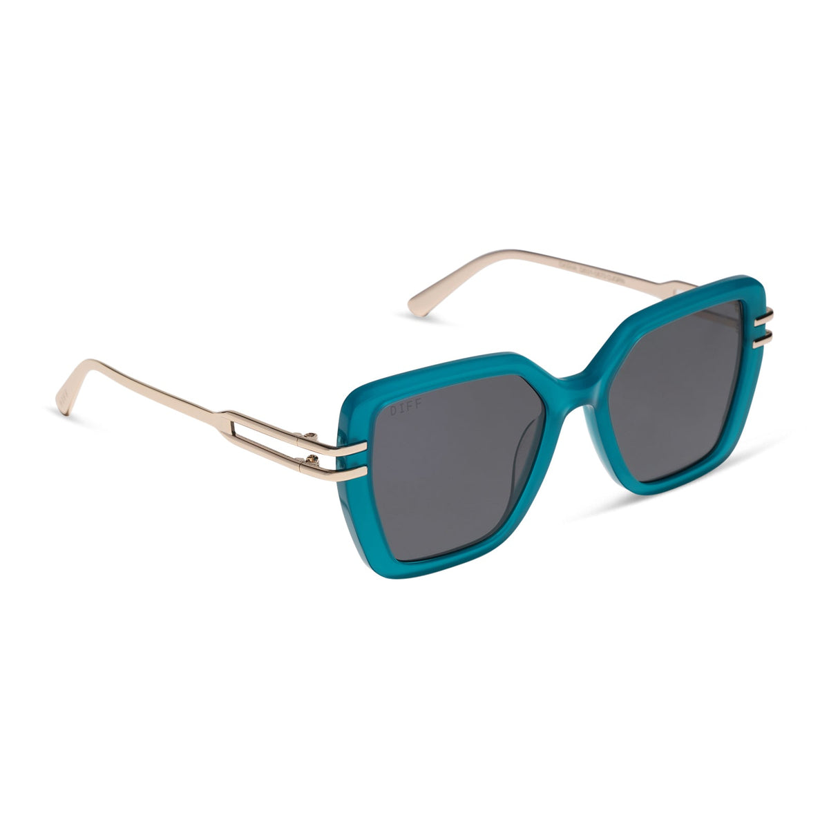 diff eyewear featuring the dasha square sunglasses with a dark teal acetate frame and grey lenses angled view