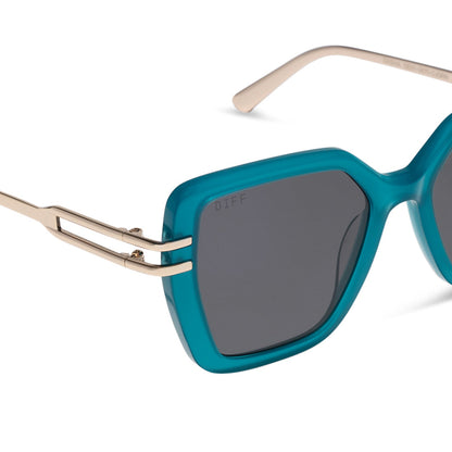 diff eyewear featuring the dasha square sunglasses with a dark teal acetate frame and grey lenses detailed view