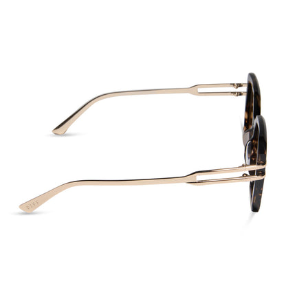 diff eyewear featuring the dasha square sunglasses with a espresso tortoise with gold frame and brown polarized lenses side view