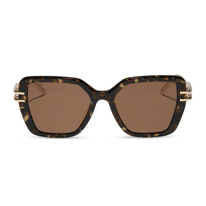 diff eyewear featuring the dasha square sunglasses with a glitter gold tortoise frame and brown lenses front view