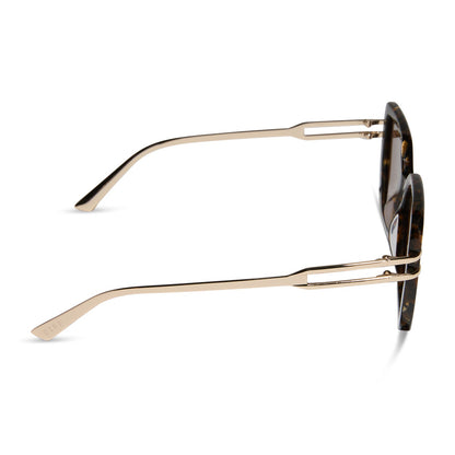diff eyewear featuring the dasha square sunglasses with a glitter gold tortoise frame and brown lenses side view