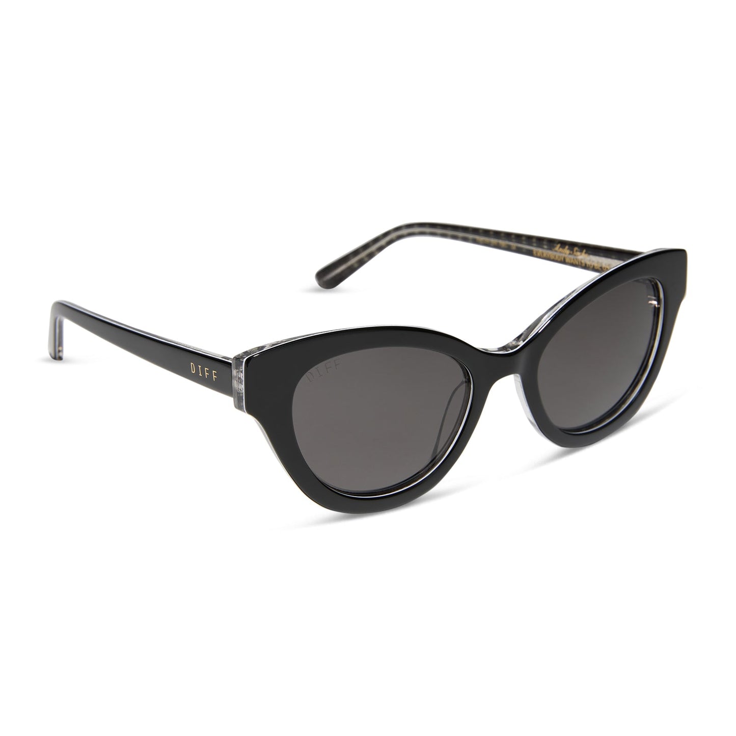 the devil wears prada x diff eyewear featuring the andy cat eye sunglasses with a black acetate frame and grey polarized lenses angled view