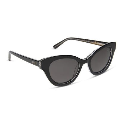 the devil wears prada x diff eyewear featuring the andy cat eye sunglasses with a black acetate frame and grey polarized lenses angled view