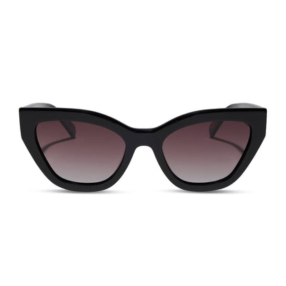 the devil wears prada x diff eyewear featuring the emily cat eye sunglasses with a black acetate frame and grey gradient polarized lenses front view