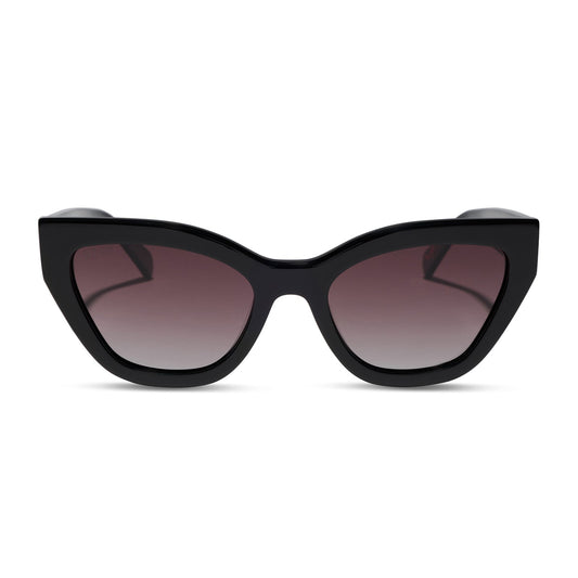 the devil wears prada x diff eyewear featuring the emily cat eye sunglasses with a black acetate frame and grey gradient polarized lenses front view