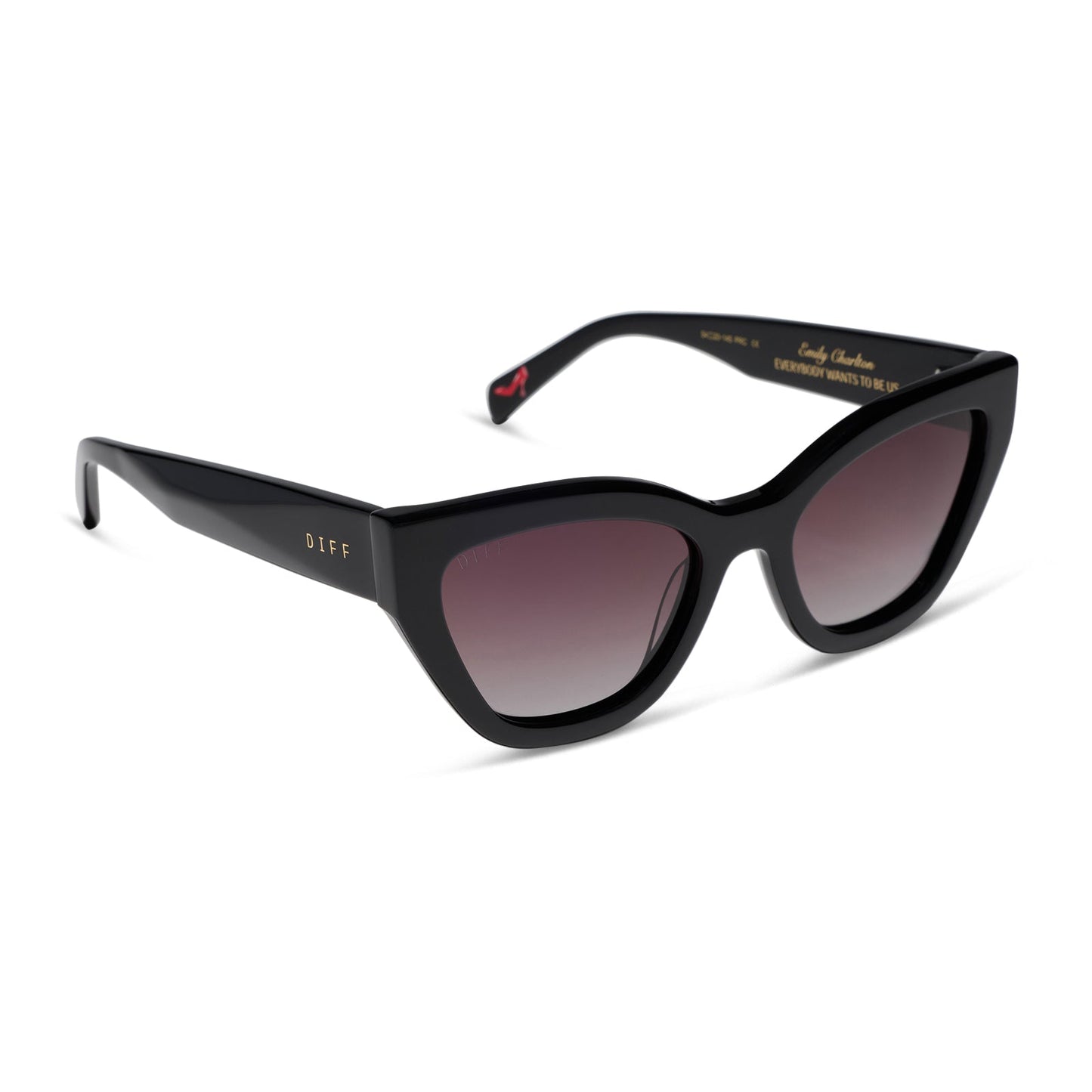 the devil wears prada x diff eyewear featuring the emily cat eye sunglasses with a black acetate frame and grey gradient polarized lenses angled view