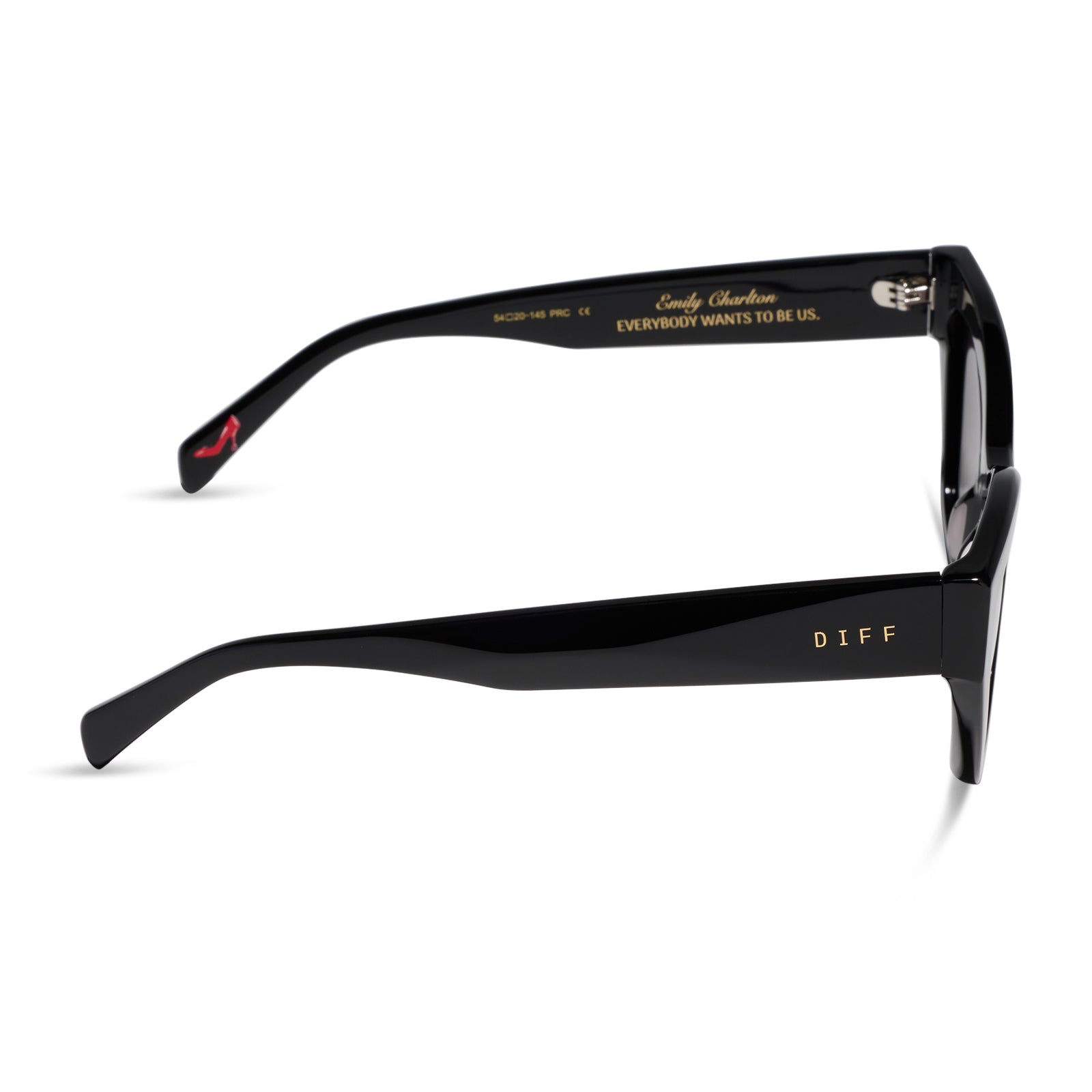 the devil wears prada x diff eyewear featuring the emily cat eye sunglasses with a black acetate frame and grey gradient polarized lenses side view
