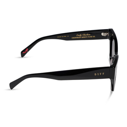 the devil wears prada x diff eyewear featuring the emily cat eye sunglasses with a black acetate frame and grey gradient polarized lenses side view