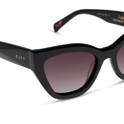 the devil wears prada x diff eyewear featuring the emily cat eye sunglasses with a black acetate frame and grey gradient polarized lenses detailed view