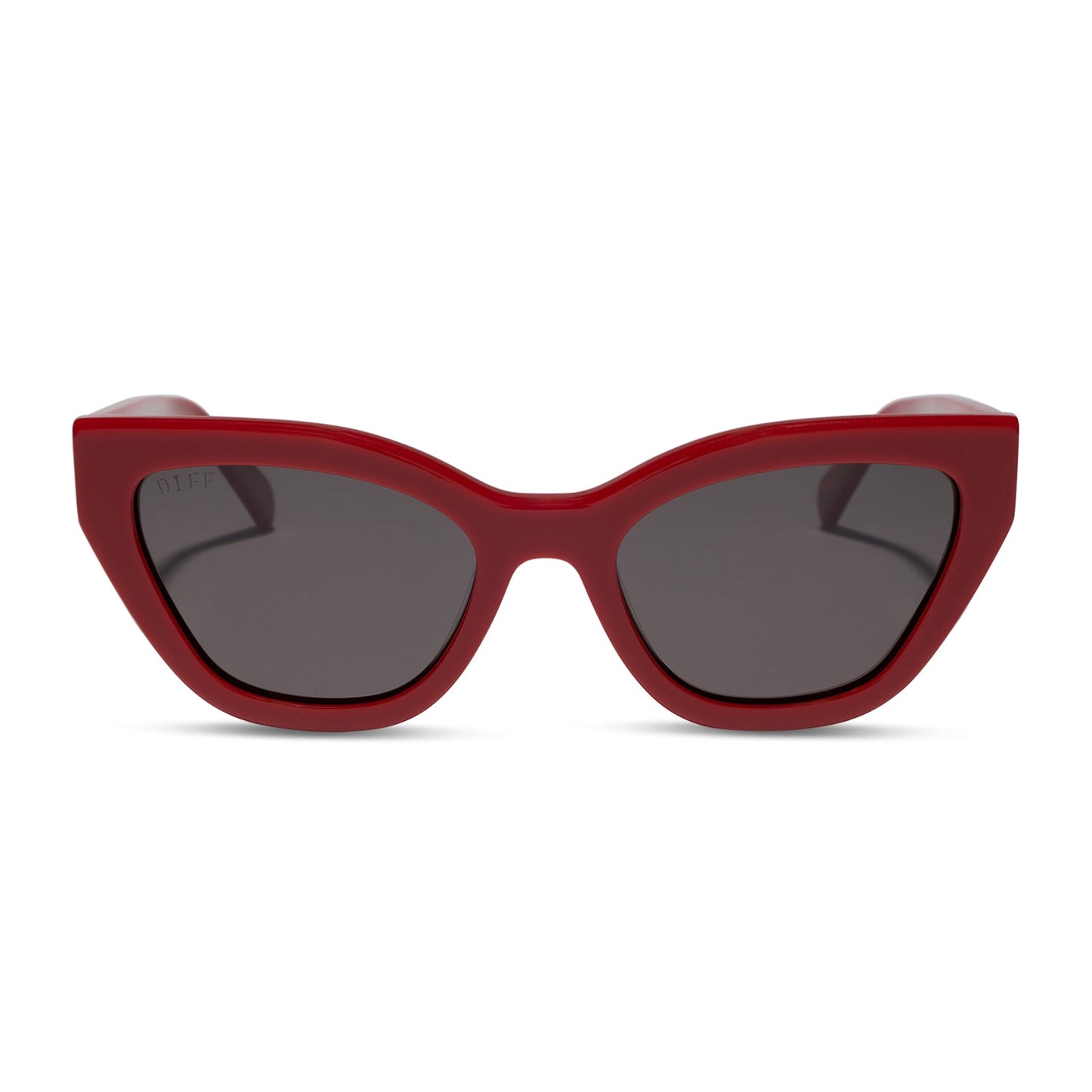 the devil wears prada x diff eyewear featuring the emily cat eye sunglasses with a red acetate frame and grey polarized lenses front view