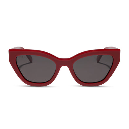 the devil wears prada x diff eyewear featuring the emily cat eye sunglasses with a red acetate frame and grey polarized lenses front view