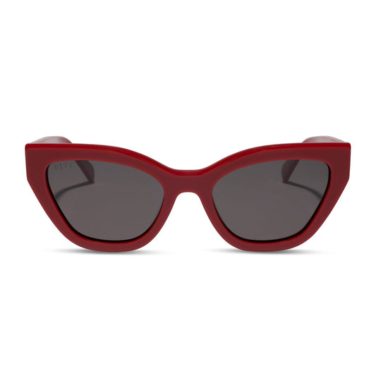 the devil wears prada x diff eyewear featuring the emily cat eye sunglasses with a red acetate frame and grey polarized lenses front view