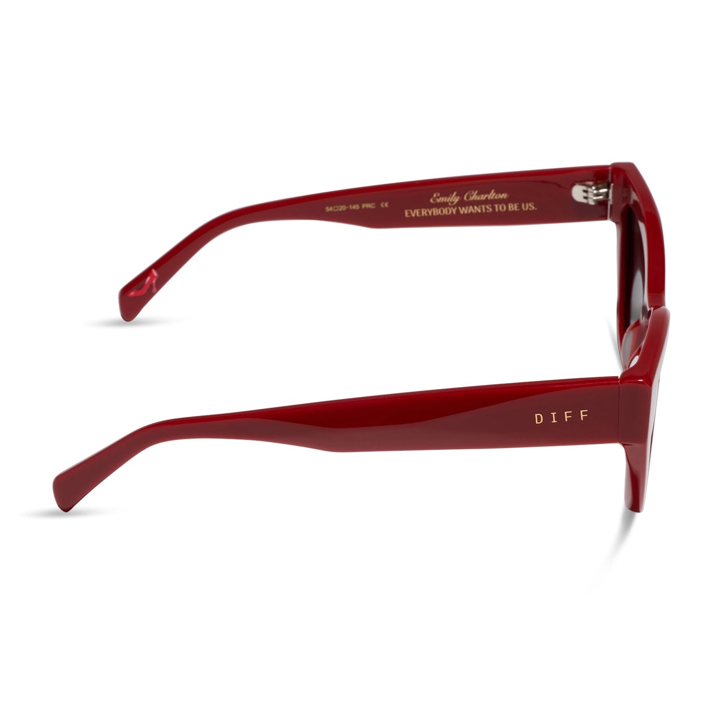 the devil wears prada x diff eyewear featuring the emily cat eye sunglasses with a red acetate frame and grey polarized lenses side view