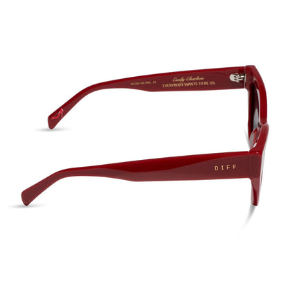 the devil wears prada x diff eyewear featuring the emily cat eye sunglasses with a red acetate frame and grey polarized lenses side view