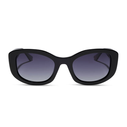 the devil wears prada x diff eyewear featuring the miranda square oversized sunglasses with a black acetate frame and grey gradient polarized lenses front view