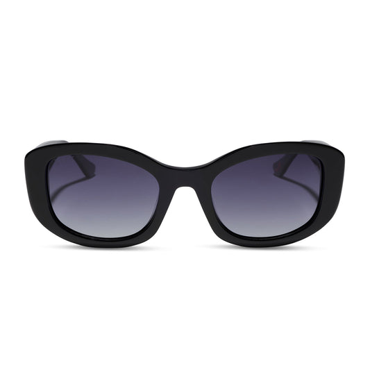 the devil wears prada x diff eyewear featuring the miranda square oversized sunglasses with a black acetate frame and grey gradient polarized lenses front view