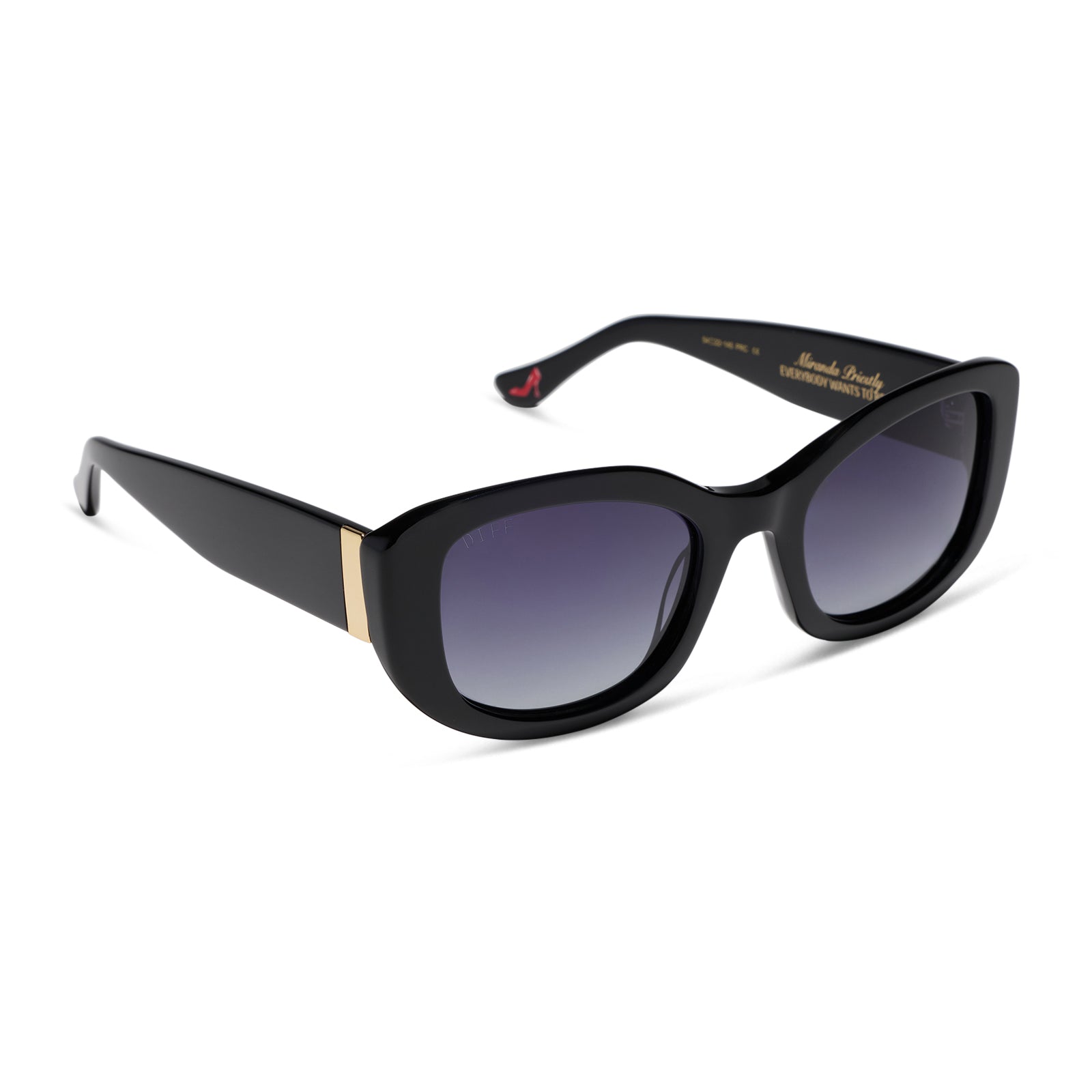 the devil wears prada x diff eyewear featuring the miranda square oversized sunglasses with a black acetate frame and grey gradient polarized lenses angled view