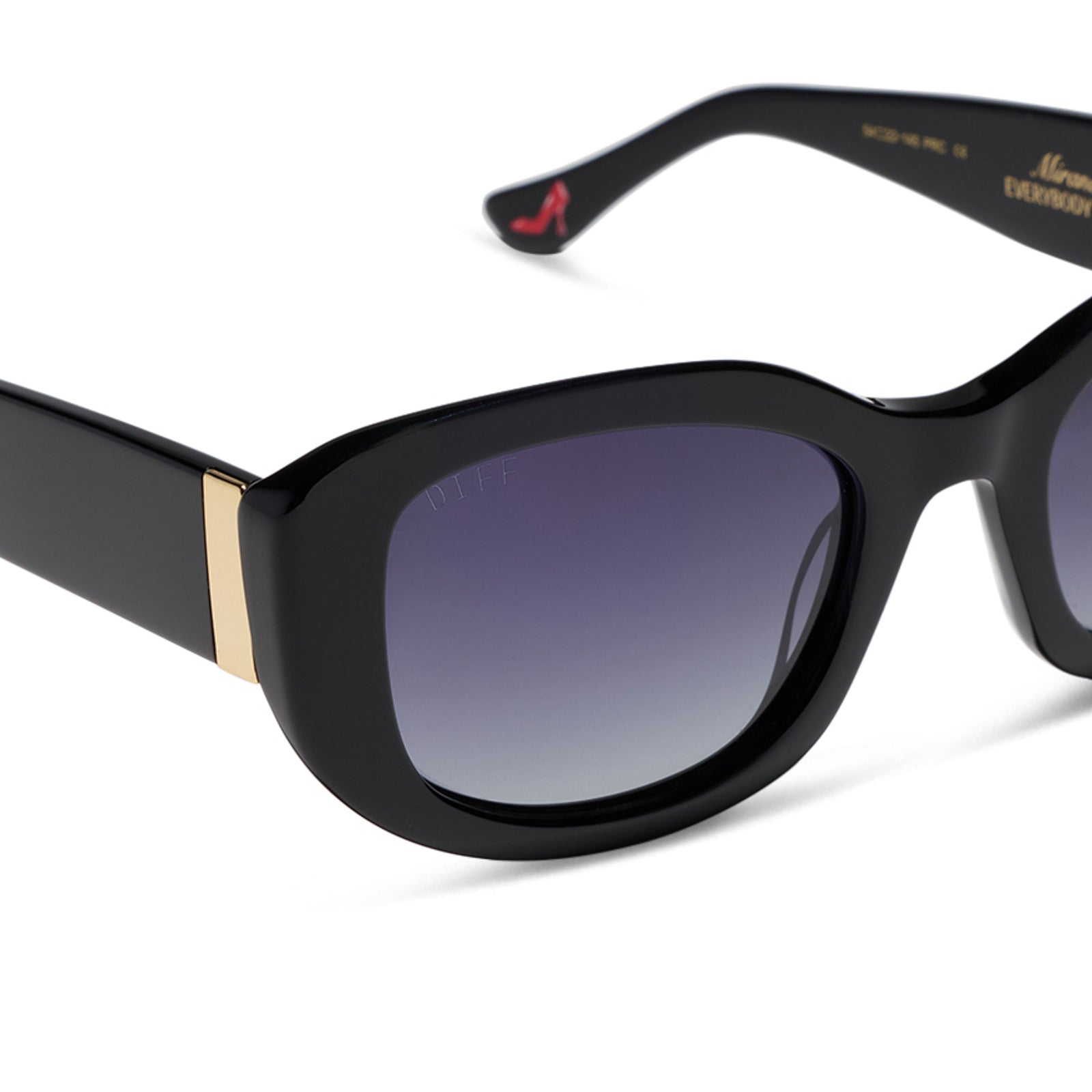 the devil wears prada x diff eyewear featuring the miranda square oversized sunglasses with a black acetate frame and grey gradient polarized lenses detailed view